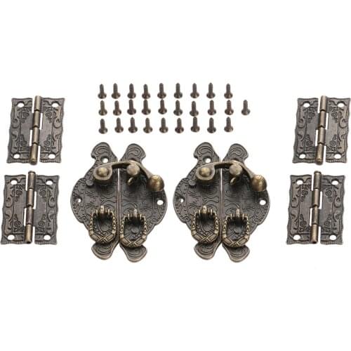 4Pcs Furniture Cabinet Hinges+ 2pcs Antique Bronze Jewelry Wooden Box Toggle Hasp Latch Clasp Vintage Hardware Accessories