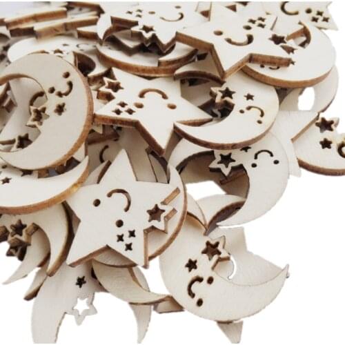 50pcs Little Star Moon Shaped Wood DIY Craft Cutout Wooden Slices Embellishments Gift Unfinished Wood Ornaments Home Decoration