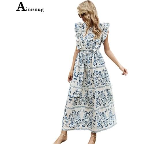 Aimsnug 2021 Women Elegant Long Maxi Dress Vintage Flower Print Summer Beach Dress Plus size Ladies Boho Straight Dresses Femme