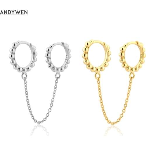 ANDYWEN 925 Sterling Silver Gold Beads Huggies Hoops Chains Piercing Pendiente Clips 2021 Round Wedding Gift Jewelry Gift