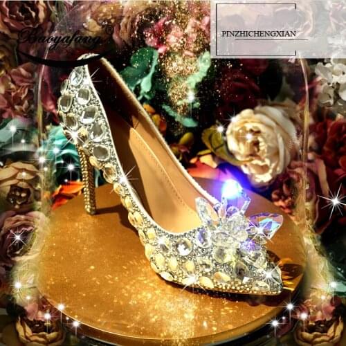White Pointed Toe Crystal wedding shoes bridal shoes rhinestone handmade Thin Heel High pumps Girls fashion shoe