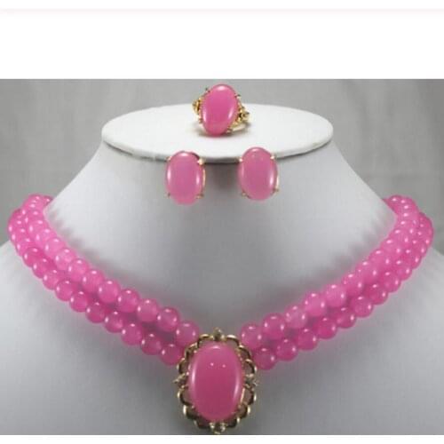 Free Shipping wholesale noble pink Natural jade ring(#7.8.9), stud earrings and 18" necklace with 13*16mm pendant jewelry set