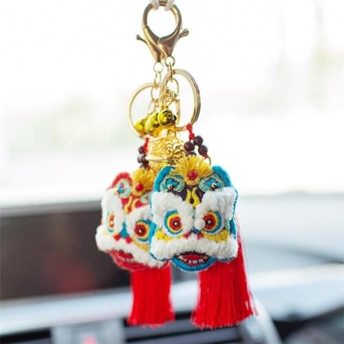 DIY Embroidery Lucky Cat Keychain Lion Dance Man Key Chain Handmade Women Key Holder Cute Protective Talisman Needlework Brelok