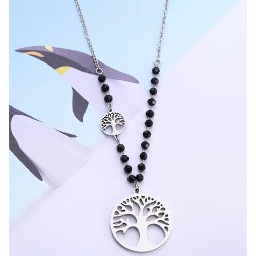 Stainless Steel Tree of Life Pendant Necklace Black Crystal Chain Long Collier Bijoux Elegant Women Jewelry Fashion Dropshipping