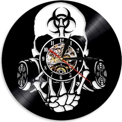 Toxic Biohazard Zombie Gas Mask Skull Wall Clock Vinyl LP Record Time Clocks LED Light Watch Vintage Timepiece For Children Gift