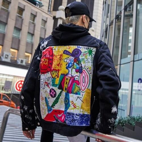 Hip Hop Denim Jacket Men Graffiti Cartoon Ripped Outwear Black Colour Printed Coat Slim Streetwear Harajuku Cowboy Jacket Men