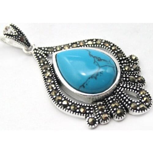 Nice design 925 Sterling Silver Blue Turquoise Marcasite Lucky Pendant
