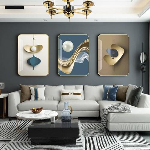 Crystal Porcelain Painting Wall Decoration Living Room Modern Art Sofa Background Triptych Luxury Metal Painting Frame Set Mural