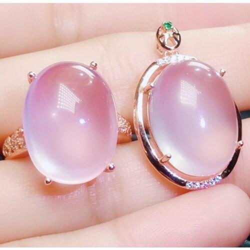 Per jewelry Natural real pink rose quartz oval jewelry set 1pc ring 1pc pendant 13ct*2pcs gemstone 925 sterling silver J20466