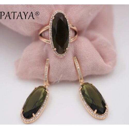 PATAYA New Women Wedding Vintage Jewelry 585 Rose Gold Trend Jewelry Sets 10 Colors Natural Zircon Oval Long Earrings Ring Set