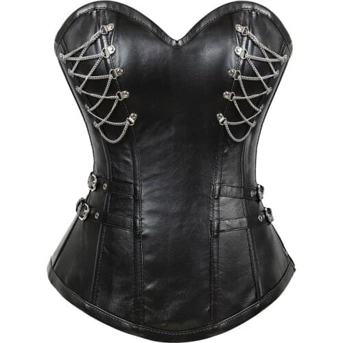 Women Faux PU Leather Overbust Corset Steampunk Black Corsets Top Gothic Sexy Lingerie Waist Trainer Body Shaper Waist Cincher