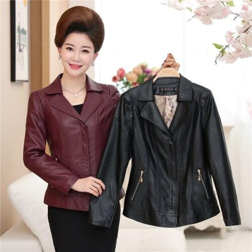 Leather Jacket Middle-aged mother Womens New Year Design PU Leather Jacket Soft Leather Coat Slim Lapel Motorcycle Jacket Black