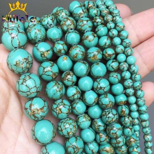 Gold Line Green Turquoises Stone Beads Round Loose Beads For Jewelry Making DIY Bracelets Necklace 15'' Strands 4/6/8/10/12mm