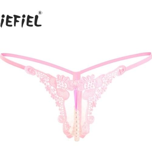 Men Pearls Crotchless Erotic Lingerie Thongs Low Rise Embroidered Hallow Out G-string Panties Open Butt Sexy T-back Underwear