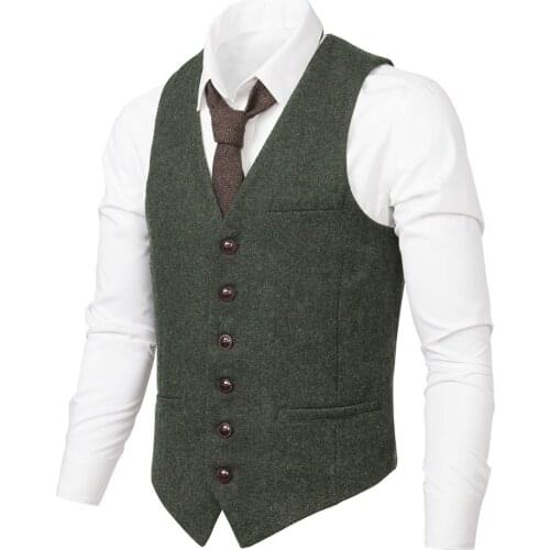 VOBOOM Men Waistcoat Suit Vest Male Herringbone Wool Blend Tweed Single-breasted Green Vests 007