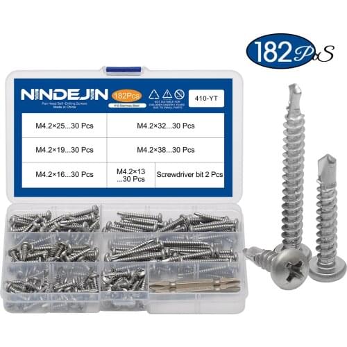 NINDEJIN 182pcs Cross Recessed Phillips Pan Head Self-Drilling Tapping Screw Thread 410 Stainless Steel M4.2 Self Drilling Screw