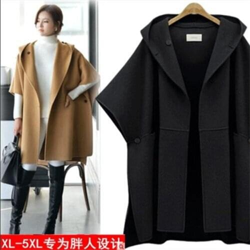Womens Casual Woolen Coat Spring Autumn Large Size Loose Batwing Sleeve Cloak Jacket Plus Size Hooded Wool Overcoats 5XL W611