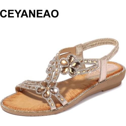 CEYANEAOWoman flower sandals female elastic band Cyrstal shoes women ladies wedges casual open toe women fashion shoes big size