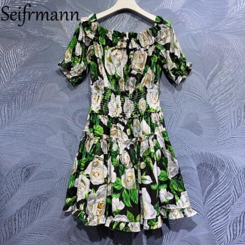 Seifrmann New 2021 Summer Women Fashion Runway Party Short Dress Sexy Slash neck Ruffles Elastic Waist Printed Cotton Dresses