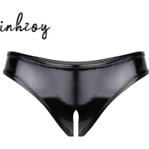 Adults Sexy Underwear Women Erotic Lingerie Black Patent Leather Open Crotch Pussy Holes Mini Latex Briefs Porno Hot Sex Panties