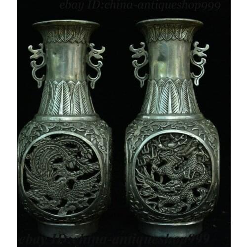 Old China Dynasty Silver Dragon Phoenix Flower Bottle Vase Jar Flask Statue Pair