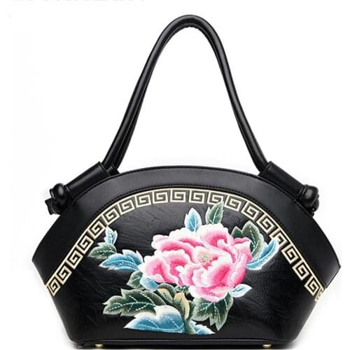 Chinese Style Flowers Embroidery Shell Bag Women Genuine Leather Handbag Splice Contrast Color Crossbody Bag Female Shoulder Bag