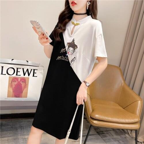 Retro Buckle Loose Improved Cheongsam Chinese Style Summer Stand Collar Casual Long T-shirt Women Vintage Print Short Sleeve Top