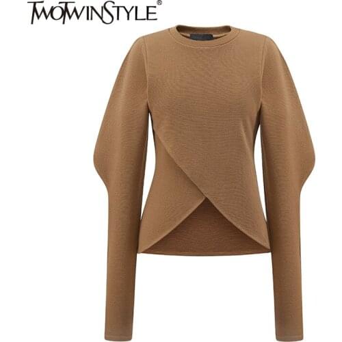 TWOTWINSTYLE Casual Minimalist White Tops For Women O Neck Puff Sleeve Large Size Slim T Shirt Female 2020 Autumn Fashion New