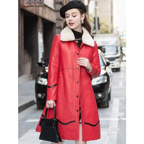 2021 New Sheep Leather Windbreaker Coat Mink Detachable Collar Leather Down Jacket Womens Medium Length