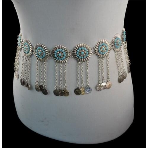 Vintage Silver Color Metal Belly Chains for Women Boho Coin Long Tassel Blue Flower Waist Chains Dress Belt Party Body Jewelry