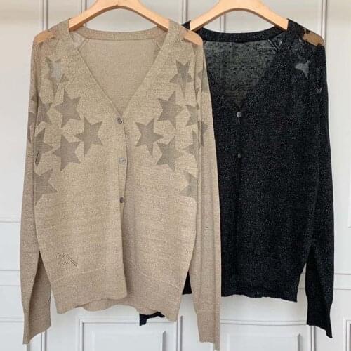 100% Linen 2021 Spring and Autumn New Long-sleeved V-neck Five-pointed Star Pattern Knitted Cardigan Loose Wild Sweater