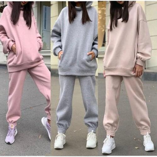 Women Autumn Winter Clothing Sets Hooded Sweatshirts Tops and Drawstring Waist Pants Plus Velvet Warm Tracksuits Sets