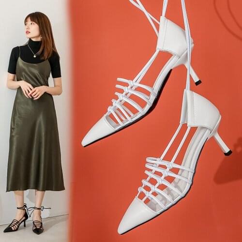 New style womens fashion high heels in summer 2020 leather pointed toe wrap back sandals black white sexy high heel Sandals