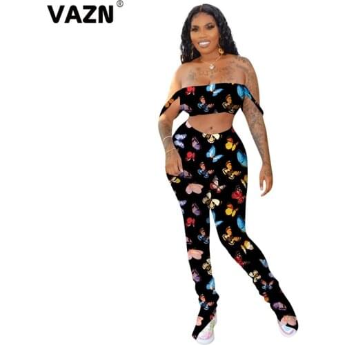 VAZN 2020 Top Quality High Street Sexy Fancy Energy Young Designer Mini Tank Top Group Long Pants Slim Women 2 Piece Set