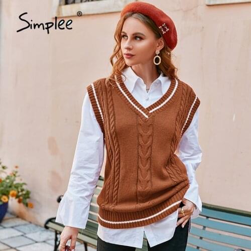 Simplee Color block v-neck school women vest brown Casual sweater vests for girls autumn Vintage sleeveless fashion pullovers