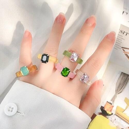 Korean Simple Cute Candy Colorful Acrylic Resin Gemstone Ring For Women Transparent Color Acetate Crystal Ring Girl Jewelry