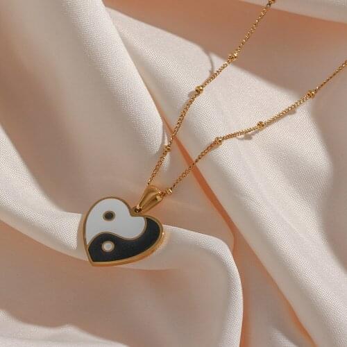 Ladies Cute Balance Black White Green Enamel Heart Pendant Necklace Beads Chain Gold Plated Tranish Free Yingyangn Neckace