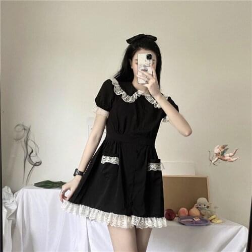 Summer Puff Short Sleeve Empire Dark Lolita Vintage Dresses Black Gothic Women White Lace Mini Dress Peter Pan Collar Streetwear