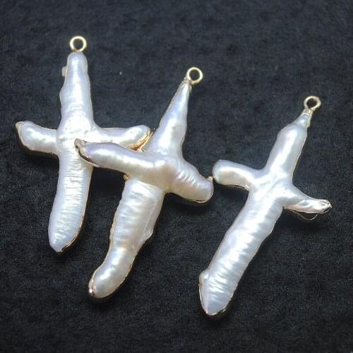 1PCature cultured freshwater pearl cross shape pendants size 40x25mm loose pearl beads mother of pearl for women necklace making