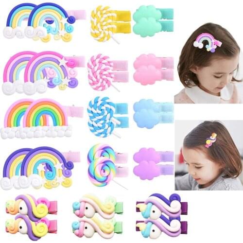 30Pcs/15Pair Baby Girls Hair Clips Rainbow Unicorn Lollipop Hair clips Soft Clay Fully Lined Alligator Hair Clips Accessories