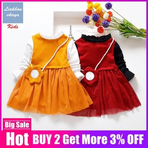 2019 Fashion Knitted Toddler Girls Winter Dress Plaid Long Sleeve Coat Princess Costume Girls Kids Princess Dress + Bag Costumes