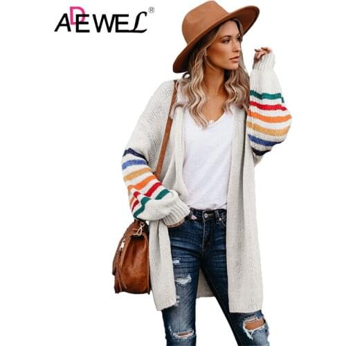 ADEWEL White Pink Gray Striped Balloon Sleeve Plus Size Cardigan Woman Sweaters Kobieta Swetry Pull Femme Donna Maglioni 2XL