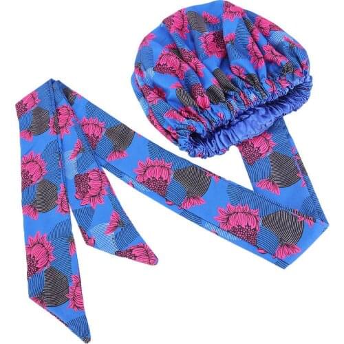 African Style Satin Linned Bonnet Hats For Women Long Ribbon Headwrap Double Layer Headscarf Balaclava Hair Cover Cap 2021 New