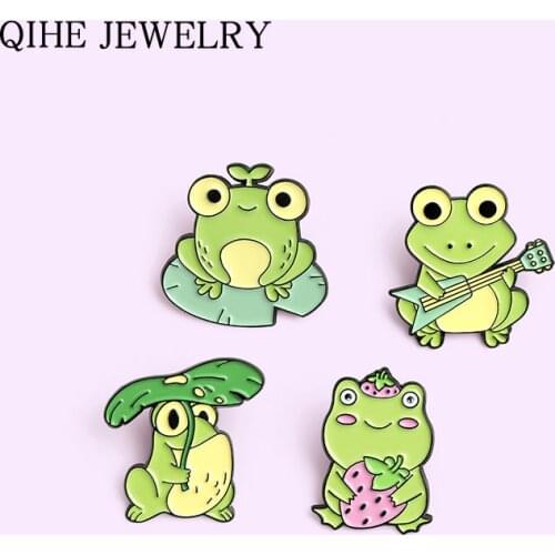 Frog Brooch Custom Lotus Leaf Strawberry Guitar Enamel Pins for Backpack Animal Badge Lapel Pin Jewelry Friends Gift Wholesale