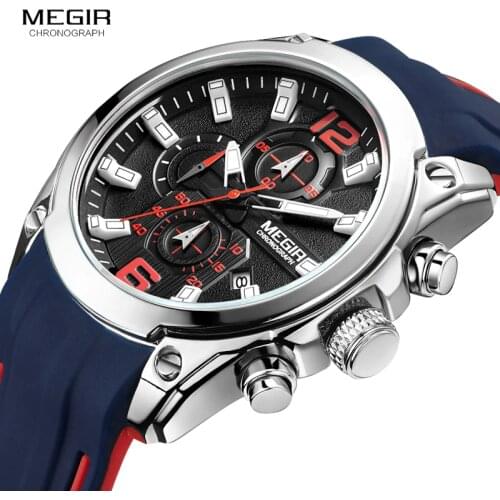 Megir Mens Sports Quartz Watches Blue Silicone Strap Analogue Chronograph Wristwatch for Man Luminous Hands Calendar 2063GBE-1