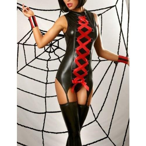 Exclusive Sexy Women Faux Leather Black Lace-up Lingerie Teddy Temptation Sexy Open Crotch Bodysuit Erotic Lingerie