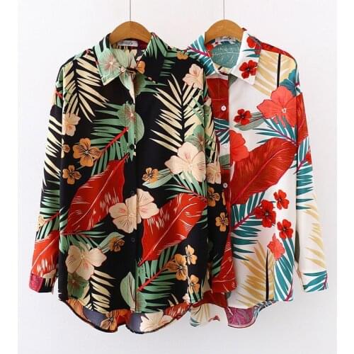 Hawaii Color Women Shirt Long Sleeve Flower Shirt Loose Ladies Vintage Blouses Tops
