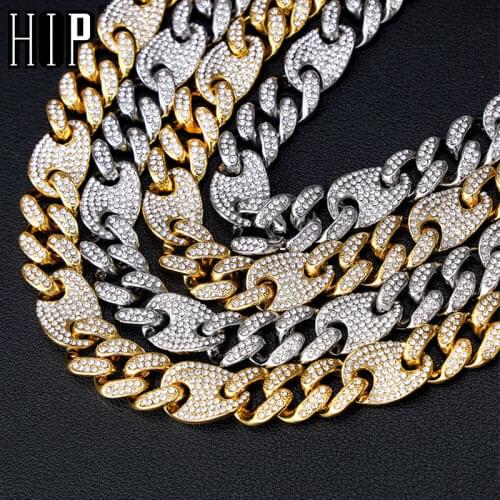 Hip Hop Bling AAA+ Iced Out Alloy Rhinestones Coffee Bean Miami Cuban Link Chain Necklace For Men Jewelry