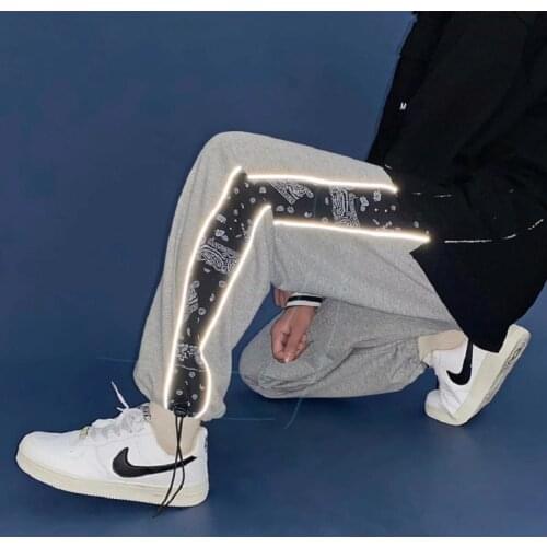 Cashew Flower Pants Mens Autumn Reflective Loose Sweatpants Korean Style Trend All-match Drawstring Casual Pants Jogger Men