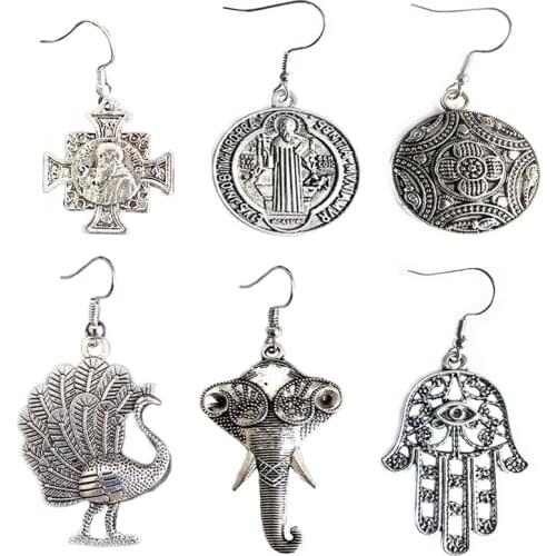 Thailand Ancient Silver Antique Womens Earrings India Hand Made Old Jewelry Afghan Peacock Elephant Priest Christianity Hippie